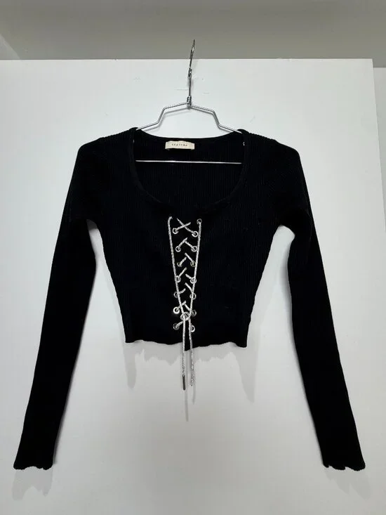 Black Ribbed Crop Top w/ Rhinestone Drawstring - Picture 1 of 3